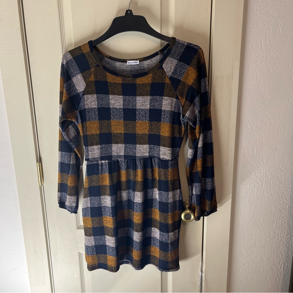 Plaid Print Blue and Gold Dress